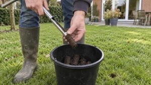 Kleine bodemstalen uit het gazon verzamelen in een plastic emmer