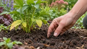 Tuinier controleert met de vingers het bodemvocht naast een jonge borderplant