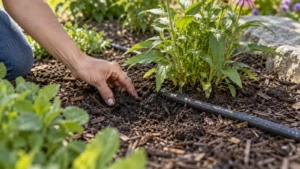 Tuinier controleert bodemvocht naast een druppelslang en jonge vaste plant