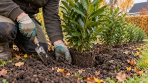 Tuinier controleert met een plantschepje de vochtigheid naast een jonge haagplant