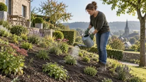 Tuinier geeft jonge borderplanten op een helling rustig water met een gieter
