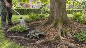 Gerichte watergift aan jonge schaduwplanten tussen boomwortels