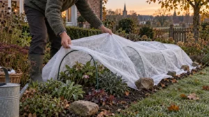 Tuinier legt ademend tuinvlies over jonge borderplanten voor nachtvorst