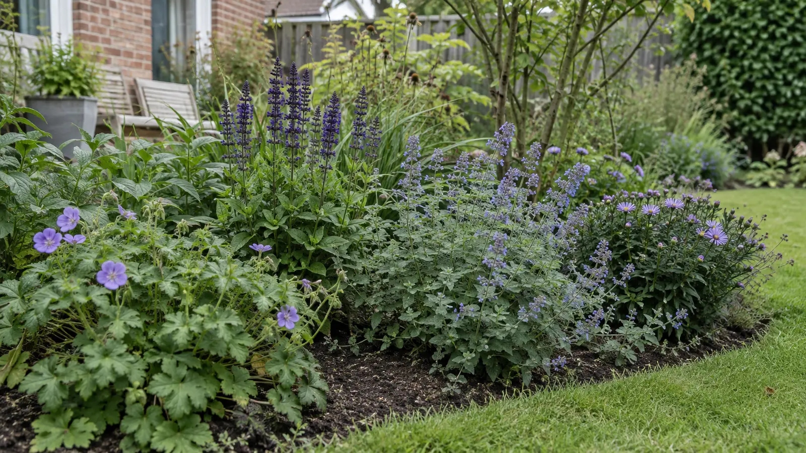 Jonge vasteplantenborder met gezond blad en enkele eerste bloemen
