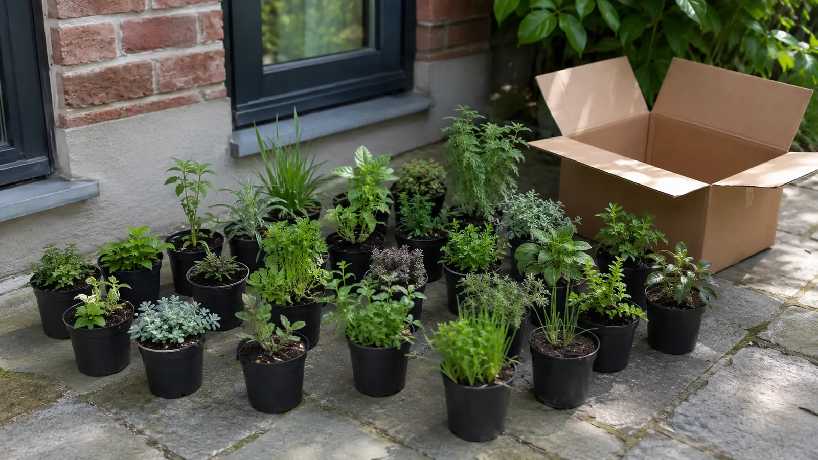 Jonge vaste planten in kweekpotten staan na levering uitgepakt op een beschutte plek buiten.