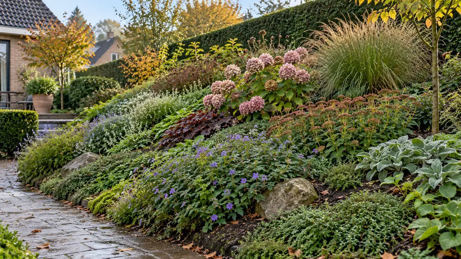Volwassen beplante tuinhelling met bodembedekkers en vaste planten