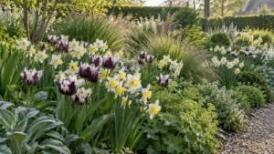 Narcissen en donkerpaarse tulpen tussen vaste planten en siergrassen