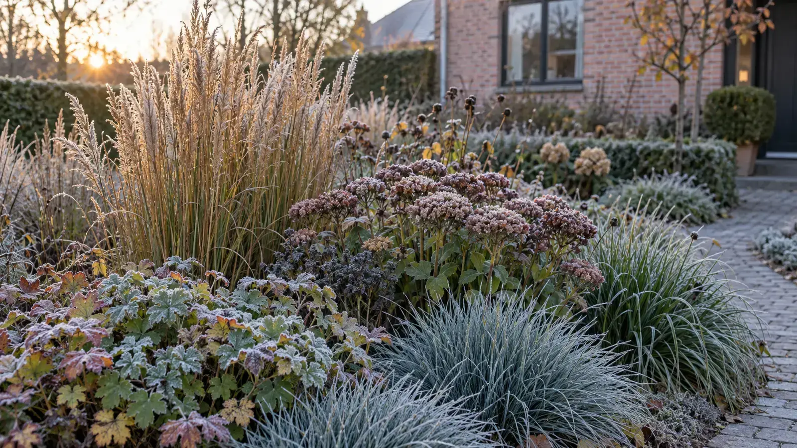 Winterhard borderpakket met siergrassen en vaste planten tijdens lichte nachtvorst