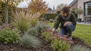 Jong borderpakket in een Belgische tuin kort na de najaarsaanplant