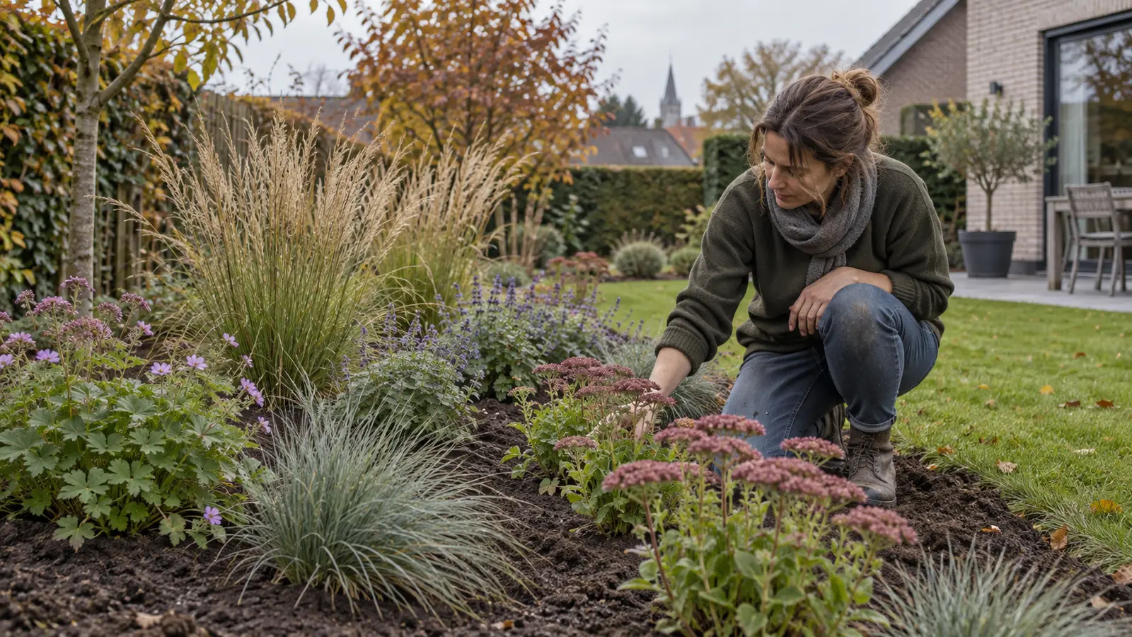 Jong borderpakket in een Belgische tuin kort na de najaarsaanplant
