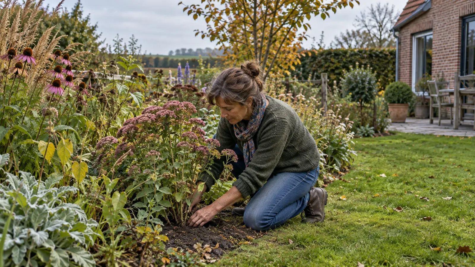 Tuinier controleert de plantbasis in een vasteplantenborder