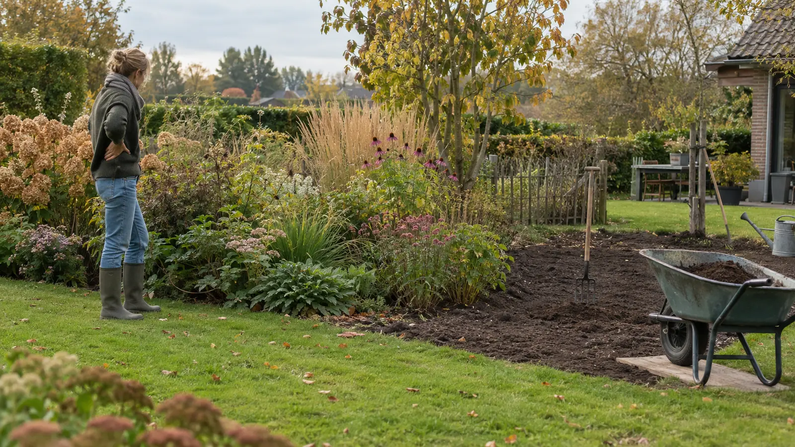 Tuinier bereidt een nieuwe plek voor om een borderpakket te verplaatsen