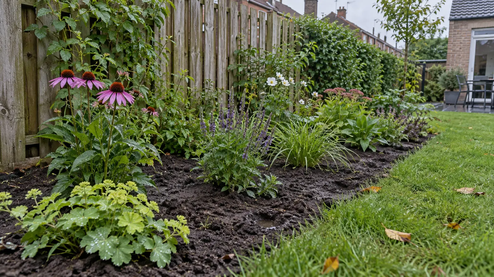 Pas aangeplante border na zware regen met plaatselijk gezakte grond