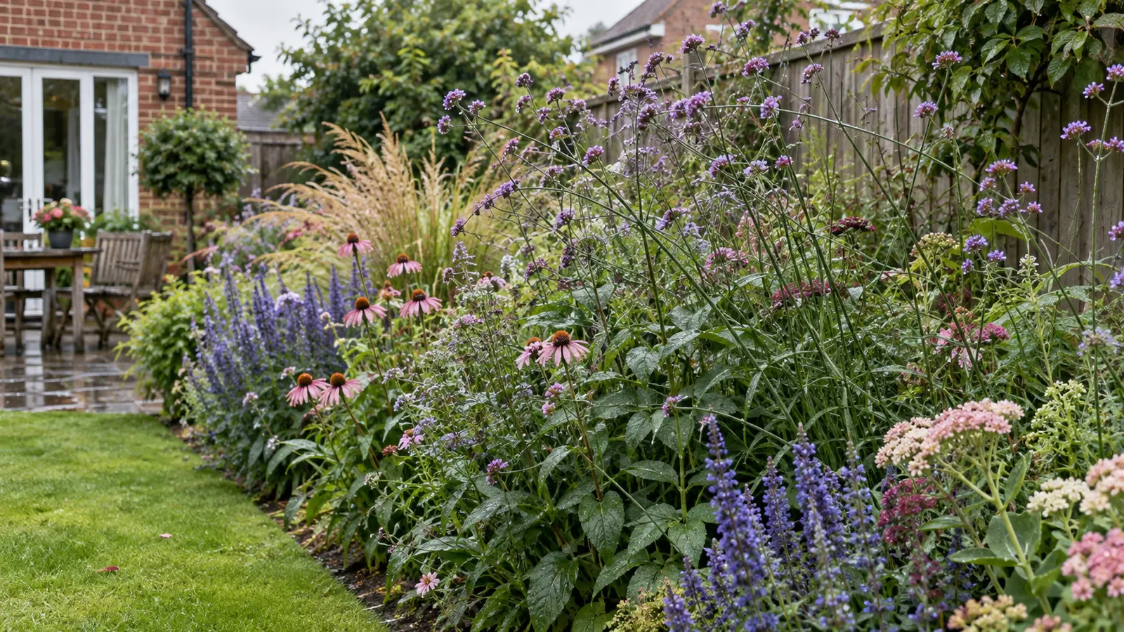 Volwassen border met hoge vaste planten die na regen licht naar buiten hangen.