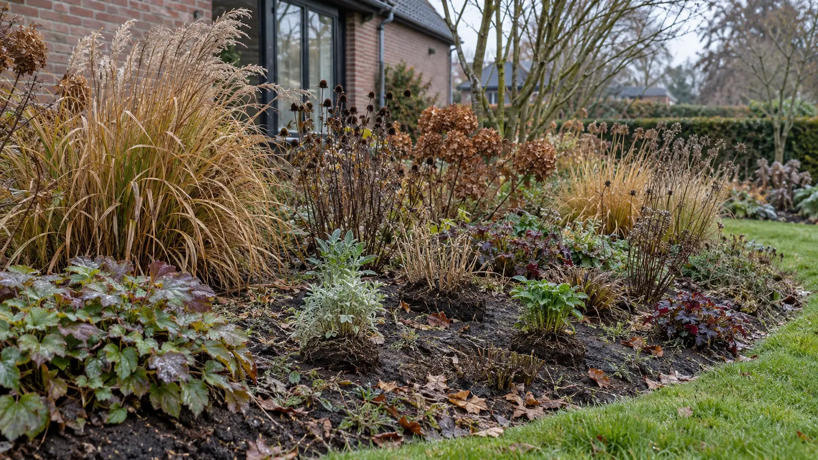 Jonge vaste planten in een winterse border na een vries-dooiperiode