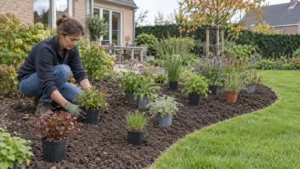 Vaste planten in pot uitzetten op een nieuwe border naast het gazon.
