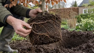 Tuinier maakt een rondcirkelende buitenwortel voorzichtig los