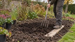 Tuinier werkt rijpe compost met een spitvork door de bovenlaag van kleigrond