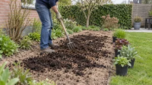 Tuinier werkt rijpe compost door de volledige zandige border