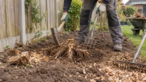 Tuinier verwijdert coniferenwortels en houtsnippers uit de toekomstige border