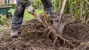 ier verwijdert een dikke wortel en stronk van een oude haag