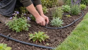 Tuinier zet een druppelslang vast naast jonge vaste planten