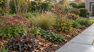 Dunne losse laag bladeren tussen vaste planten met vrije plantkronen