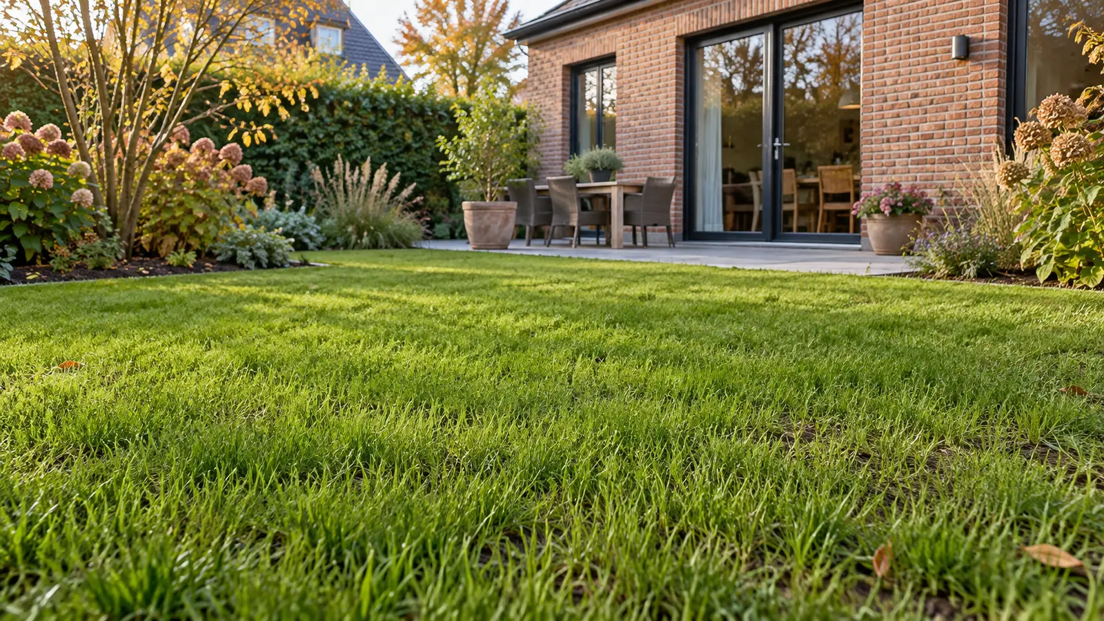 Jong ingezaaid gazon van acht tot tien centimeter hoog in een Belgische tuin