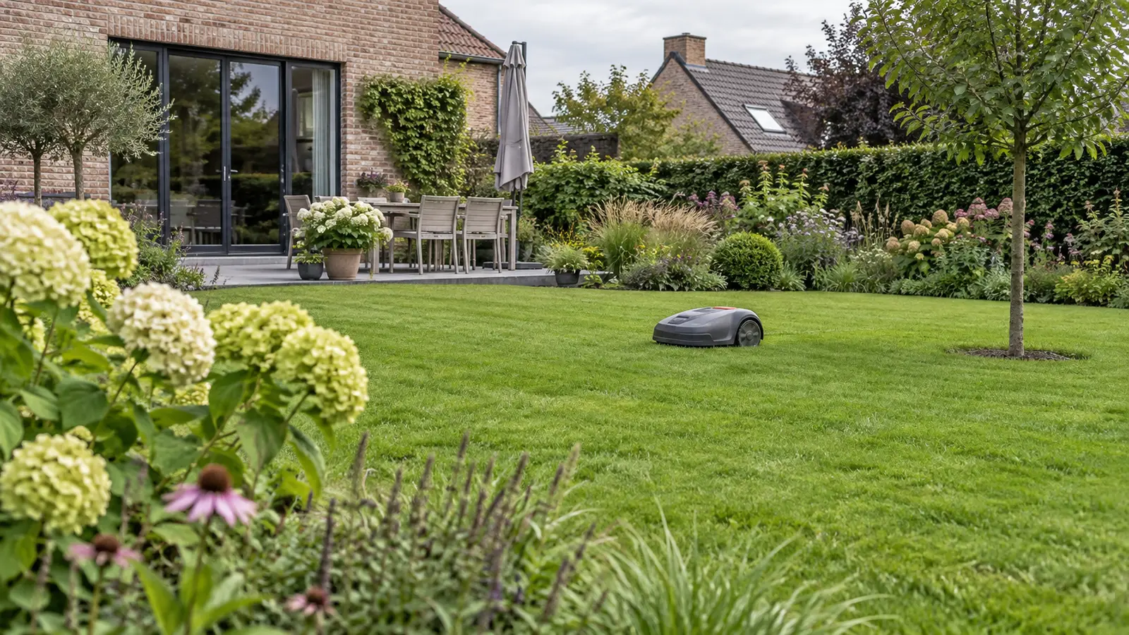 Gezond gazon met robotmaaier in een Belgische tuin.