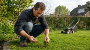 Beginner controleert gras en bodem voordat hij het gazon onderhoudt
