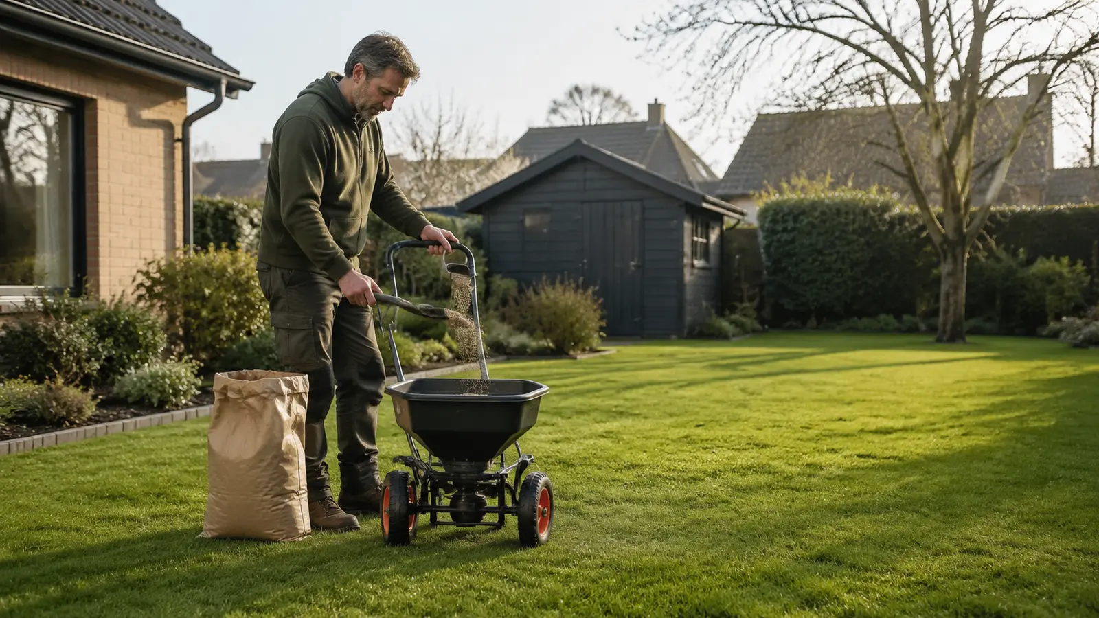 Tuinier vult een strooiwagen op een verzorgd Belgisch gazon.