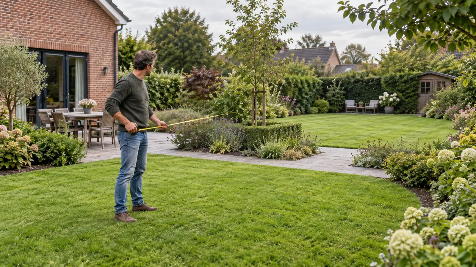 Tuineigenaar meet twee afzonderlijke gazons bij een woning