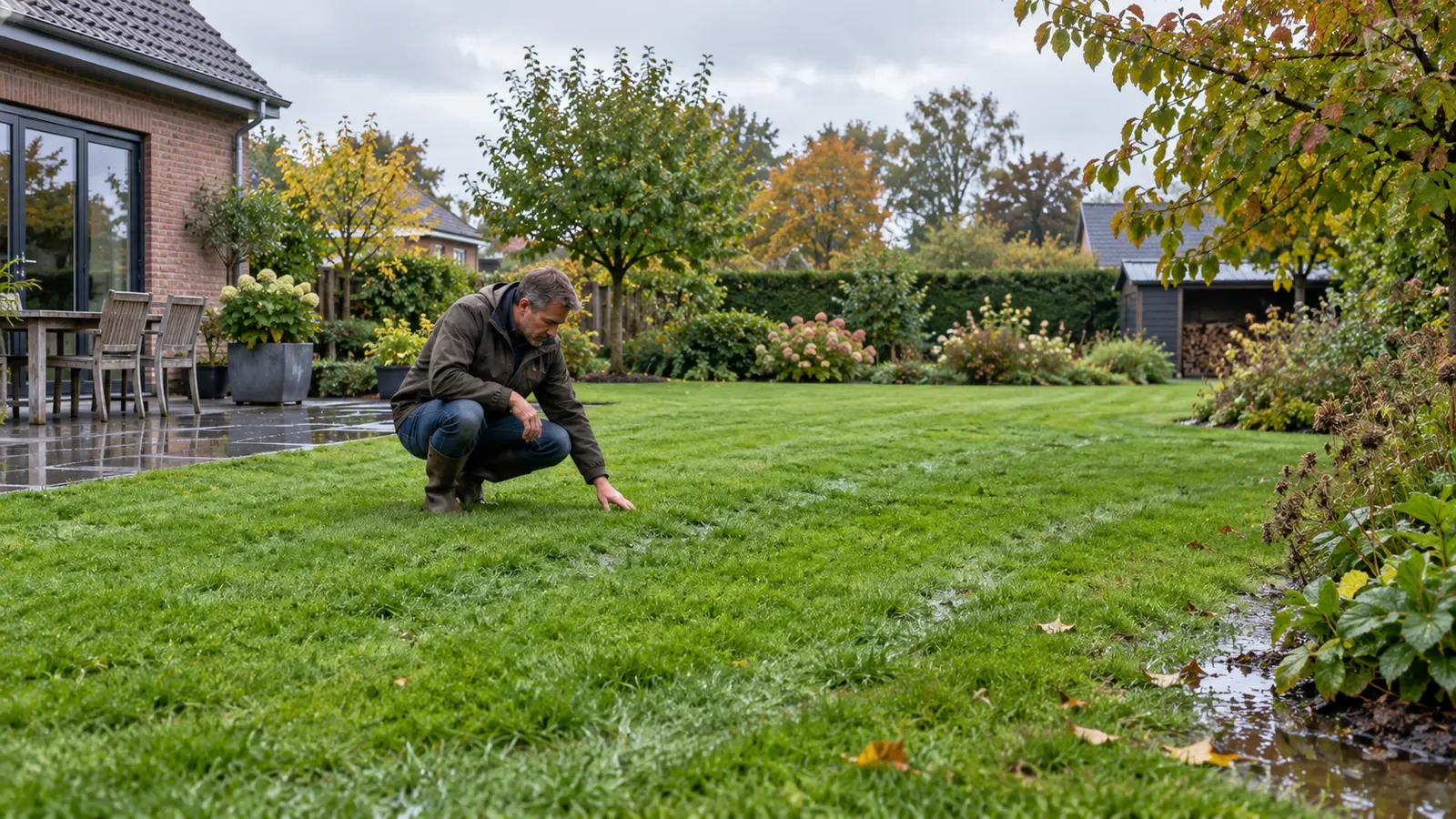 Tuinier inspecteert een nat gazon na hevige herfstregen