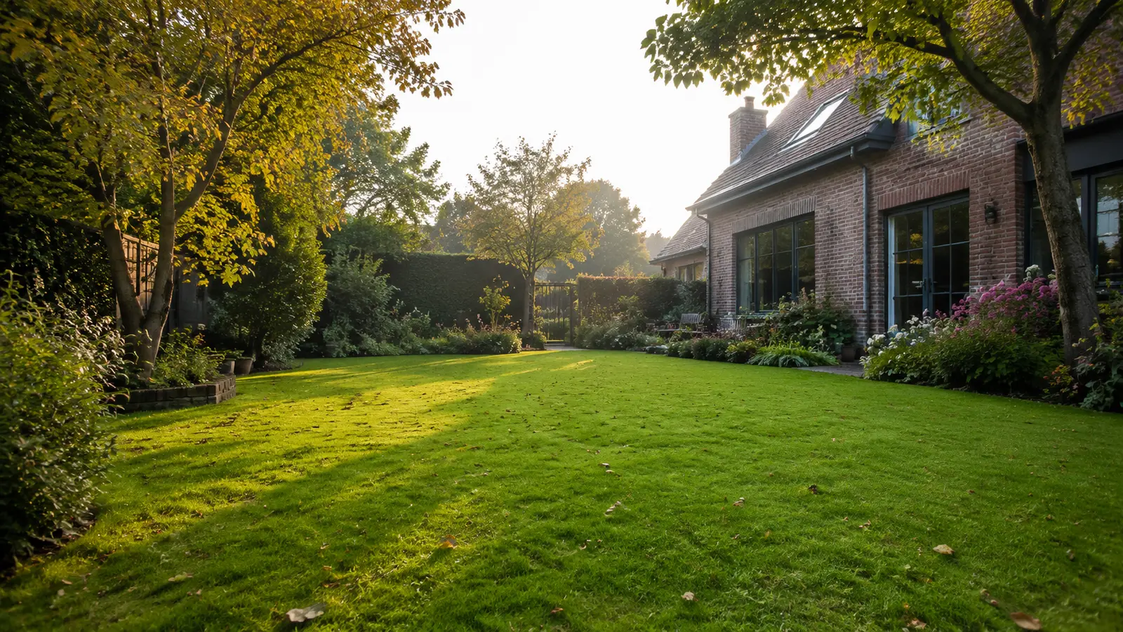 Volwassen groen gazon in een Belgische tuin voor beginnend gazononderhoud