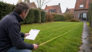 Tuineigenaar meet de lengte van een gazon met een meetlint