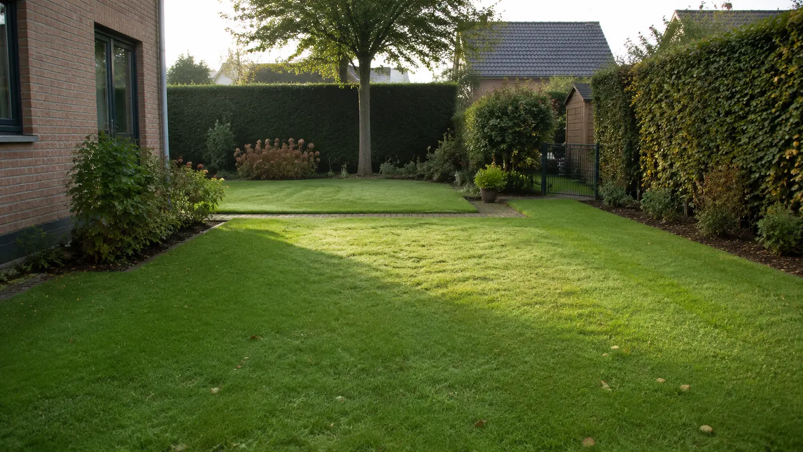 Rechthoekig gazon met apart grasvlak in een Belgische tuin