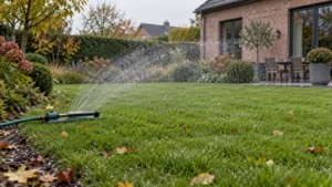 Sproeier geeft een Belgisch gazon rustig water na het bemesten