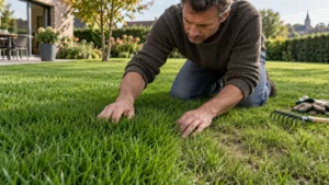 Tuinier spreidt grassprieten om de dichtheid en open grond in het gazon te controleren