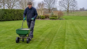 Tuinier verdeelt gazonmest gelijkmatig met een strooiwagen.