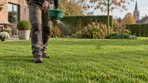 Tuinier verdeelt gazonmest gelijkmatig met een handstrooier