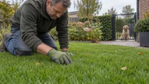 Controleren of er geen losse gazonmestkorrels meer tussen het droge gras liggen