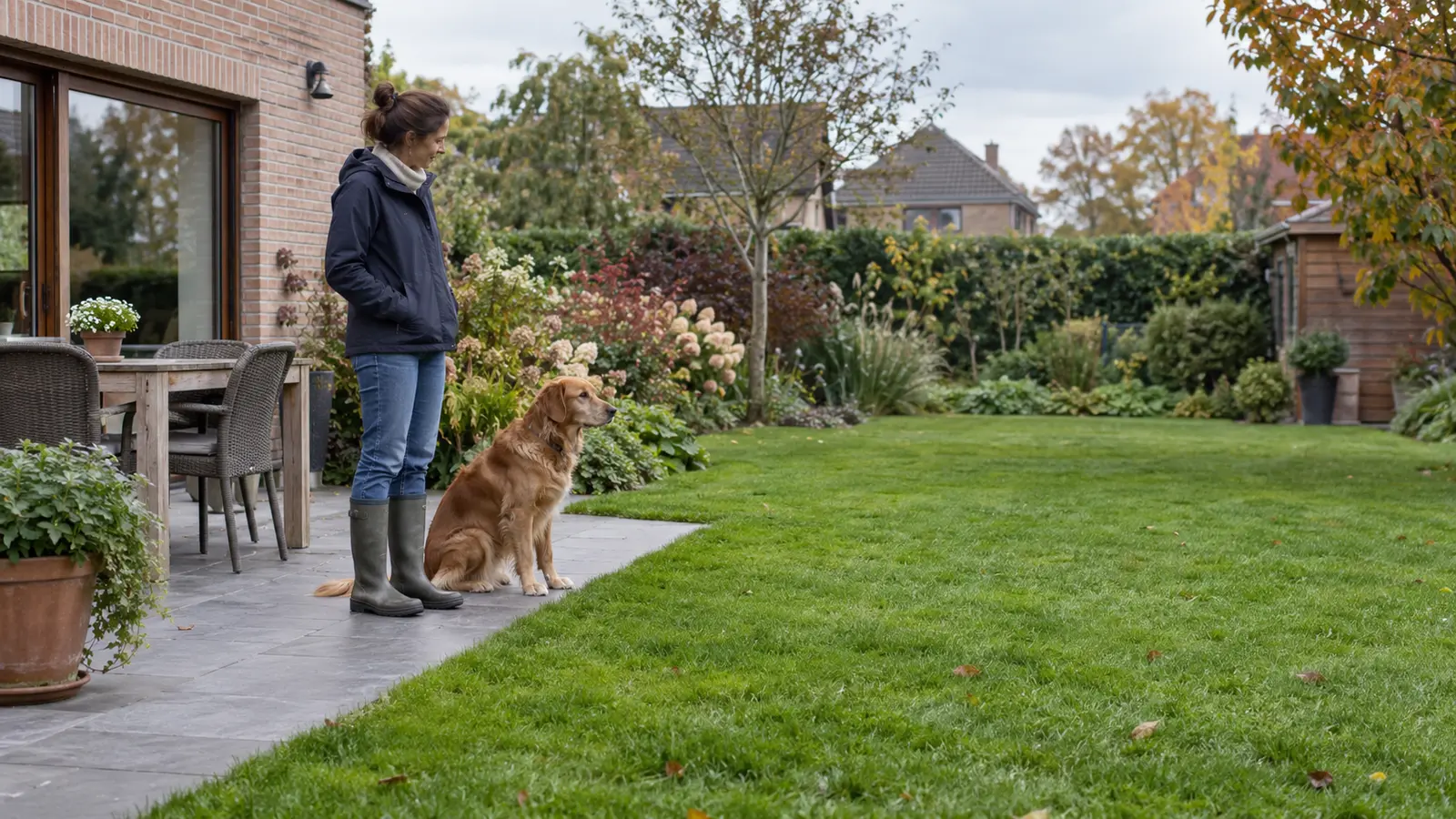 Hond wacht op het terras terwijl gazonmest in het gazon inwerkt