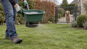 Gazonmest gelijkmatig strooien terwijl de hond achter een gesloten hek blijft