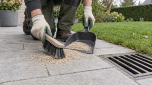 Hand veegt gazonmestkorrels met borstel en blik weg van een terrasafvoer