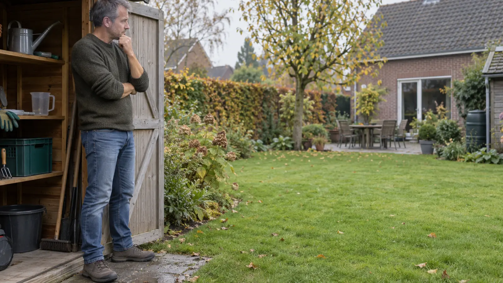 Tuineigenaar bekijkt zijn gazon en bestaande voorraad in het tuinhuis