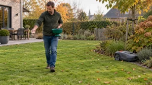 Gazonmest gelijkmatig strooien terwijl de robotmaaier geparkeerd staat. 