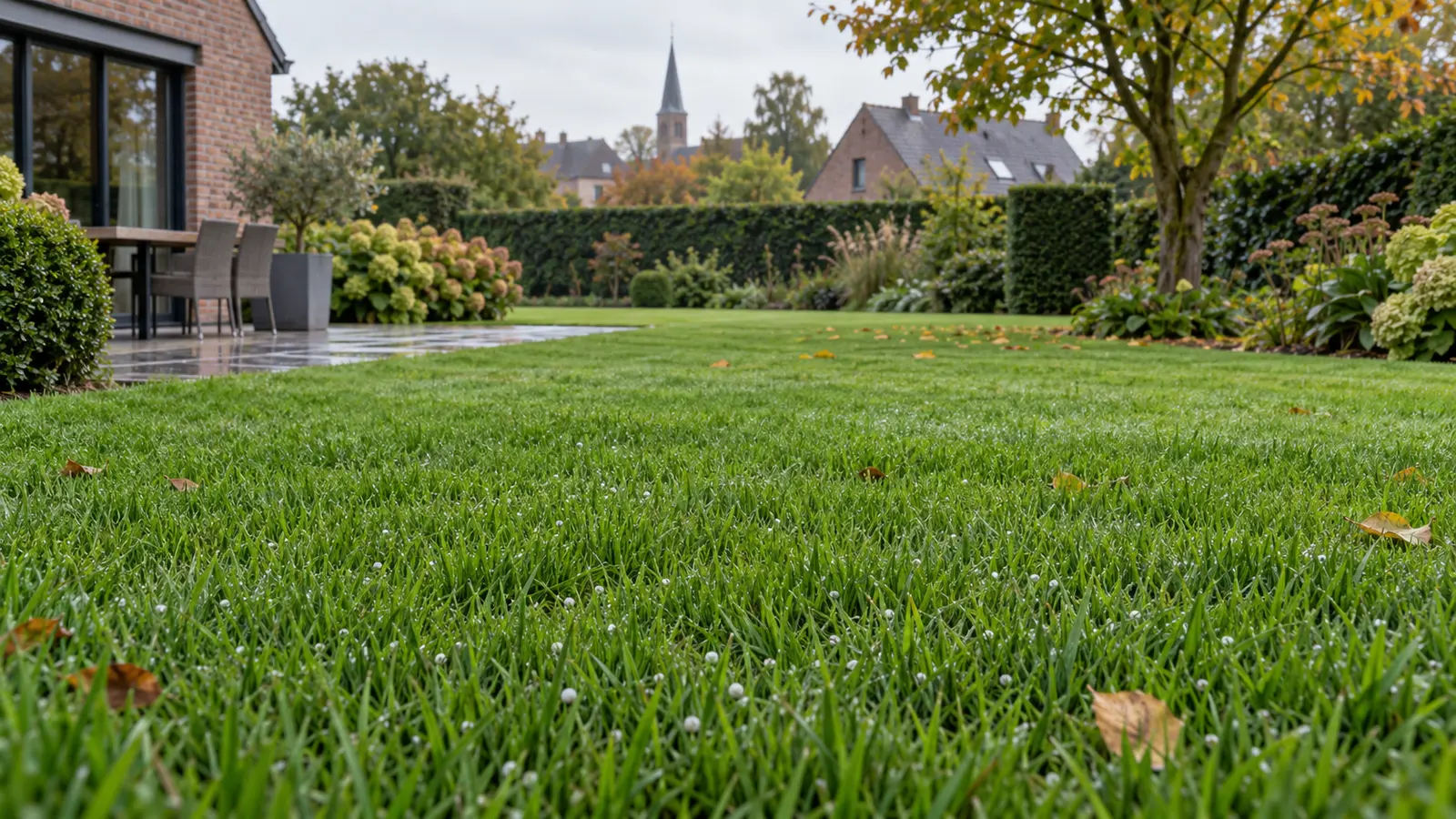Gazon met zichtbare mestkorrels na een zachte regenbui in een Belgische tuin
