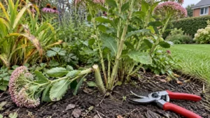 Schoon gesnoeide gebroken stengel naast gezonde vaste planten in een border.