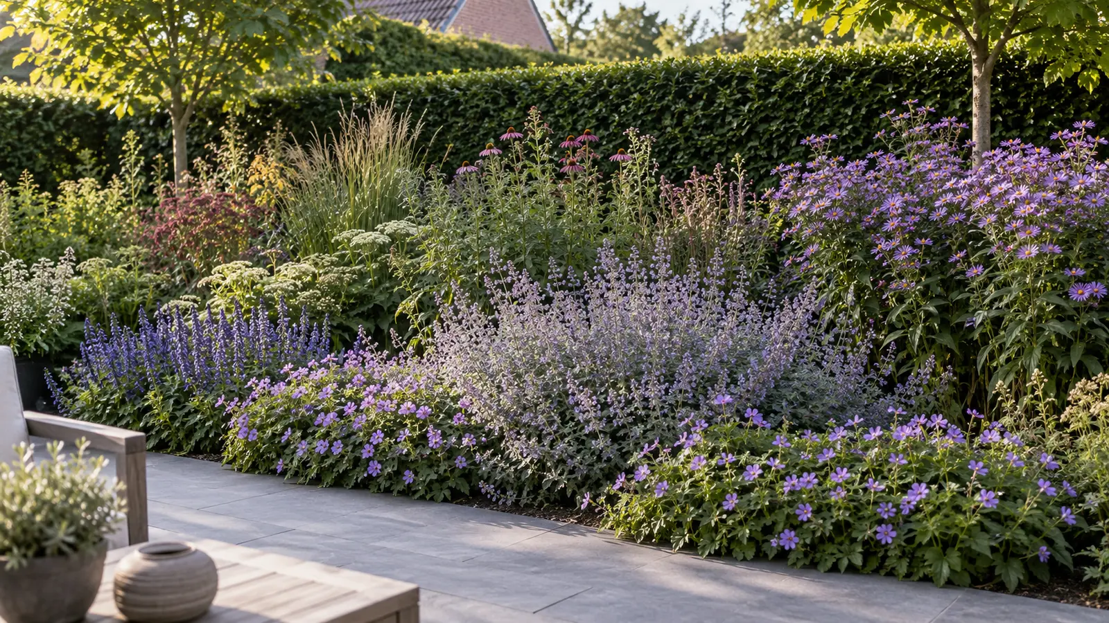 Volwassen border met lage planten vooraan en hogere vaste planten achteraan