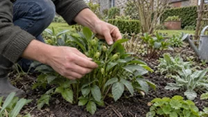 Tuinier controleert nieuw blad en bloemknoppen in een jonge border
